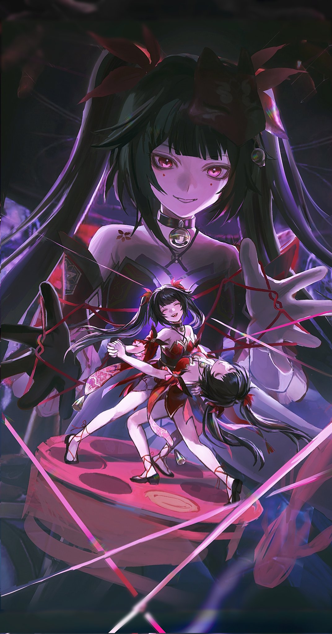 3girls :d bare_shoulders bell black_choker black_gloves bow brown_hair cat's_cradle chest_tattoo choker cowboy_shot dress dutch_angle flower_tattoo fox_mask gloves grin hair_bow hands_up highres holding holding_string honkai:_star_rail honkai_(series) long_bangs long_hair looking_at_another marionette mask mask_on_head multiple_girls neck_bell open_hands open_mouth pelvic_curtain pink_eyes puppet red_bow red_dress short_dress sidelocks single_glove sleeveless sleeveless_dress smile sparkle_(honkai:_star_rail) string string_of_fate tattoo teeth thijikoy twintails