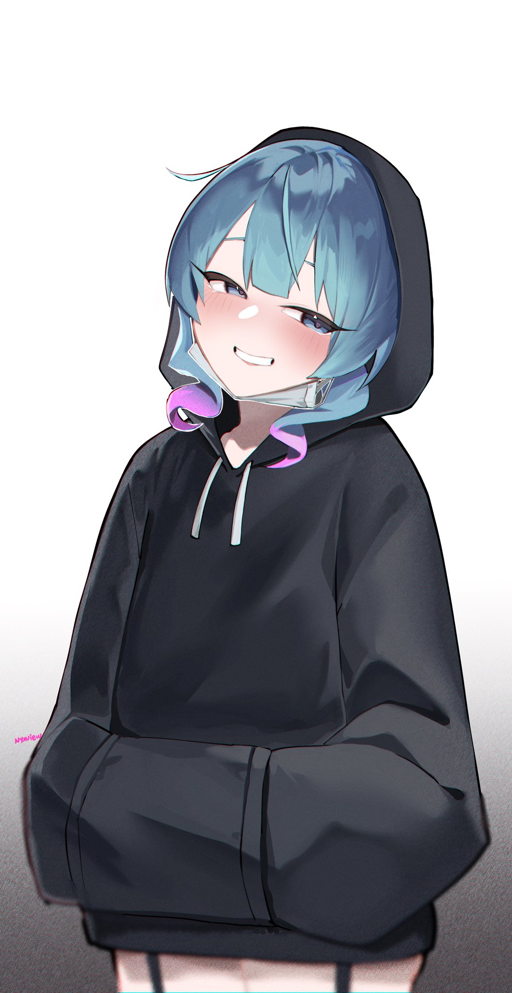 1girl :d black_hoodie blue_hair blush cowboy_shot drawstring garter_straps gradient_hair grin hands_in_pockets hatsune_miku head_tilt highres hood hood_up hoodie long_sleeves looking_at_viewer multicolored_hair no_pants nyxview open_mouth pink_hair rabbit_hole_(vocaloid) signature simple_background smile solo teeth vocaloid white_background