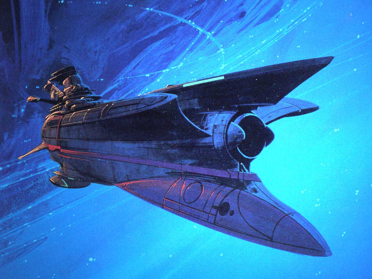 blue_theme concept_art flying mecha_focus no_humans science_fiction space spacecraft syd_mead third-party_source traditional_media yamato2520 yamato_(uchuu_senkan_yamato)