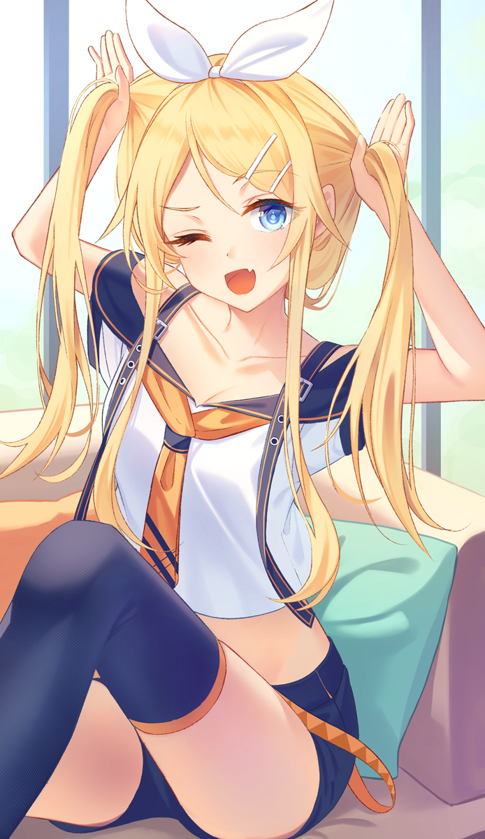1girl :d angel_ina arms_up blonde_hair blue_eyes blue_shorts blue_thighhighs bunching_hair commentary_request couch day fang future_style_(module) hair_ornament hair_ribbon hairclip highres kagamine_rin long_hair navel necktie on_couch one_eye_closed orange_necktie pillow ribbon shirt short_sleeves shorts sitting skin_fang smile solo thigh-highs tongue twintails vocaloid white_ribbon white_shirt window