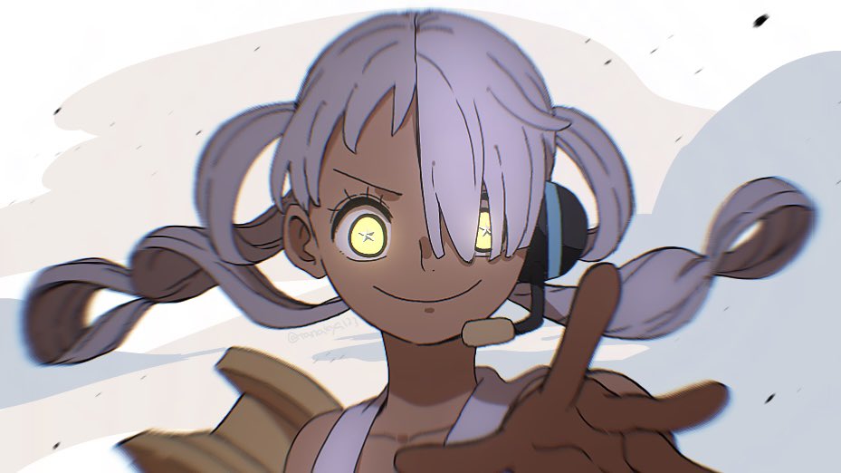 &gt;:) 1girl child dark-skinned_female dark_skin earpiece floating_hair hair_over_one_eye hair_rings hand_up official_style one_piece outstretched_arm seraphim_(one_piece) shirt simple_background sleeveless smile smoke solo tanaka_(tanakya123) uta_(one_piece) v-shaped_eyebrows white_hair white_shirt yellow_eyes