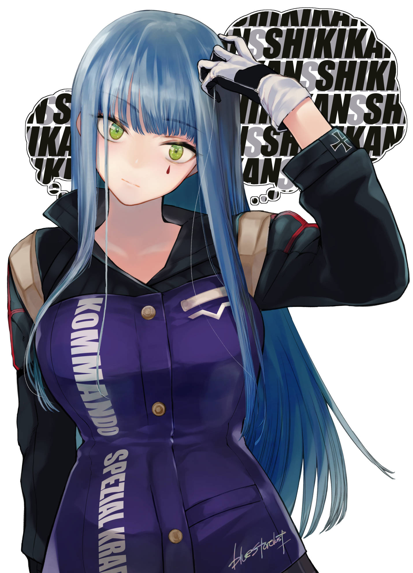 1girl arm_at_side black_jacket blue_hair breasts closed_mouth cowboy_shot cross girls_frontline gloves green_eyes hand_on_own_head head_tilt highres hk416_(girls'_frontline) iron_cross jacket kojima_(blue_stardust) large_breasts long_hair long_sleeves looking_at_viewer multicolored_clothes multicolored_jacket purple_jacket sidelocks signature simple_background smile solo straight_hair teardrop_facial_mark two-tone_jacket white_background white_gloves