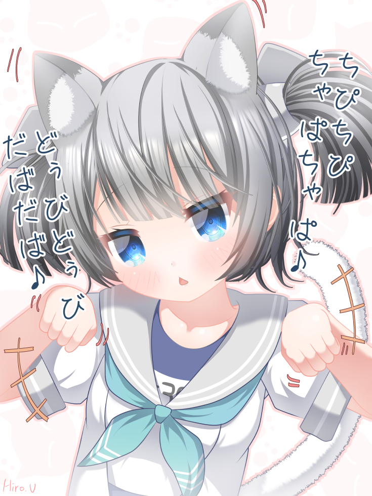 1girl animal_ears aqua_neckerchief blue_eyes blue_one-piece_swimsuit cat_ears chestnut_mouth chipi_chipi_chapa_chapa_(meme) commentary_request grey_hair grey_sailor_collar i-36_(kancolle) kantai_collection meme name_tag neckerchief one-piece_swimsuit paw_pose sailor_collar sailor_shirt school_swimsuit shirt short_hair simple_background solo swimsuit swimsuit_under_clothes twintails upper_body uraguchi_hiiro white_background