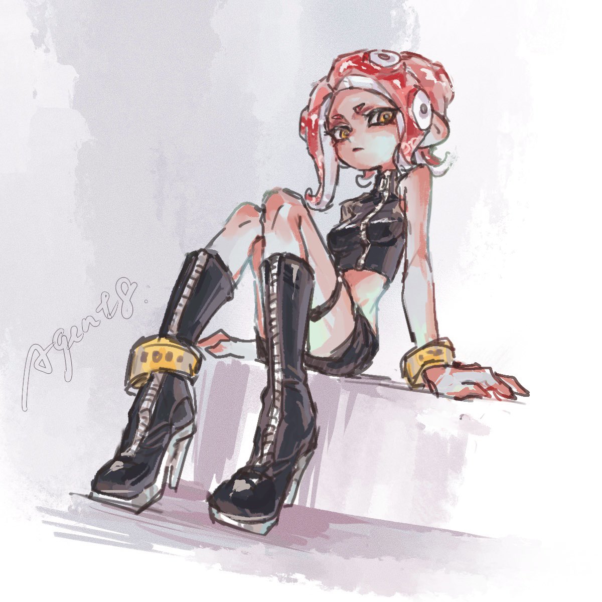 1girl agent_8_(splatoon) black_footwear black_skirt boots character_name chinese_commentary crop_top full_body high_heel_boots high_heels highres medium_hair miniskirt octoling octoling_girl octoling_player_character redhead single_bare_shoulder sitting skirt solo splatoon_(series) splatoon_2 splatoon_2:_octo_expansion suction_cups tentacle_hair thenintlichen96 thigh_strap yellow_eyes zipper