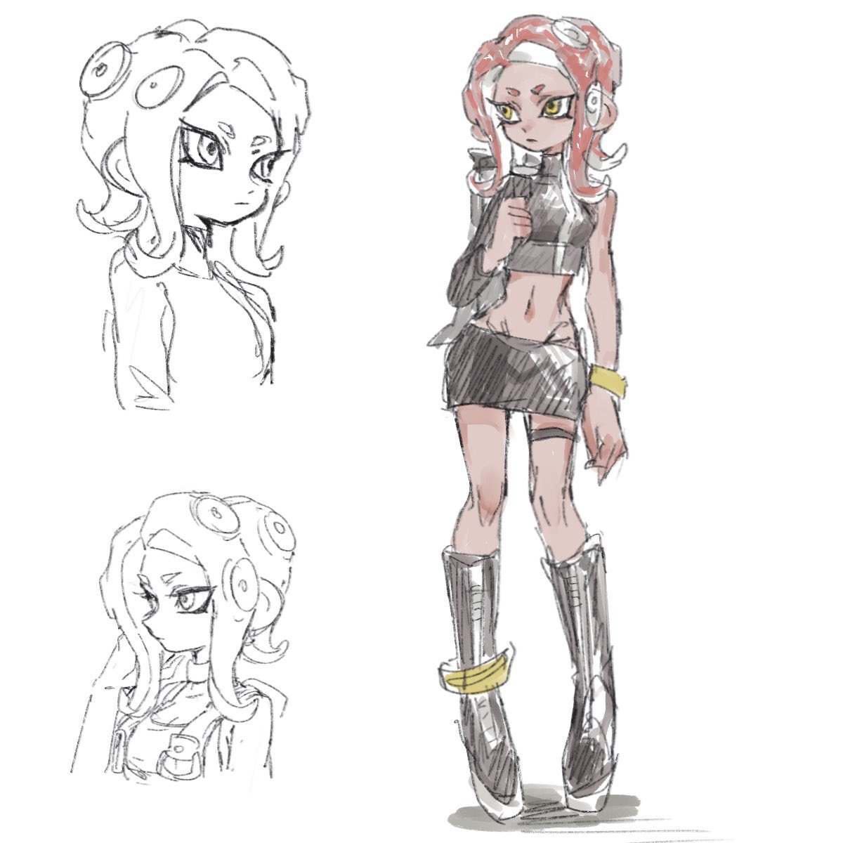 1girl agent_8_(splatoon) black_footwear black_skirt boots closed_mouth crop_top groin highres long_sleeves medium_hair miniskirt navel octoling octoling_girl octoling_player_character pencil_skirt redhead simple_background single_bare_shoulder single_sleeve skirt splatoon_(series) splatoon_2 splatoon_2:_octo_expansion splatoon_3 splatoon_3:_side_order suction_cups tentacle_hair thenintlichen96 thigh_strap white_background yellow_eyes