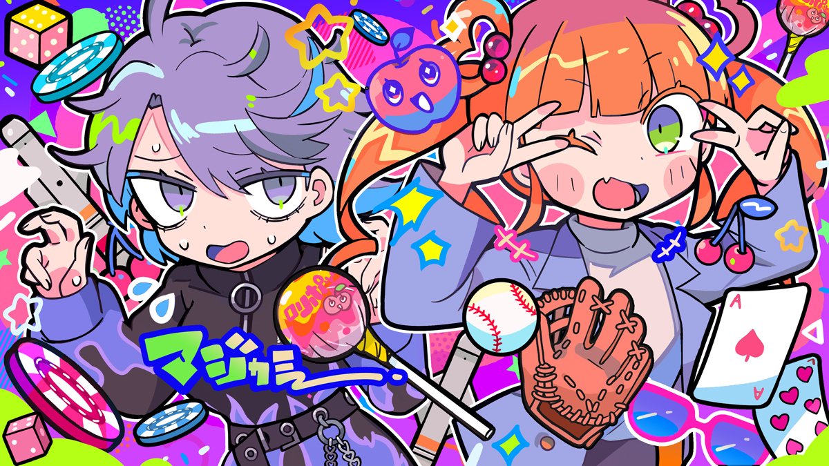 +++ 2girls ace_(playing_card) ace_of_spades apple asymmetrical_bangs bags_under_eyes baseball baseball_mitt belt black_belt black_jacket black_sleeves blue_jacket blunt_bangs blush_stickers brown_hair candy card chain chupa_chups coattails collared_jacket colored_eyelashes colorful commentary_request confetti cowboy_shot dice double_v fang fingernails flame_print flying_sweatdrops food fruit gradient_eyes green_eyes hair_bobbles hair_ornament hair_rings heart jacket keyring lollipop long_hair long_sleeves looking_at_viewer lower_teeth_only magicami multicolored_eyes multiple_girls nervous_smile o-ring oikawa_iko one_eye_closed open_clothes open_jacket open_mouth orange_hair orange_jacket orange_sleeves outline parted_bangs playing_card poker_chip puffy_long_sleeves puffy_sleeves purple_background purple_hair red-framed_eyewear shirt short_hair skin_fang smile spade_(shape) sparkle star_(symbol) sunglasses sweat tamaki_hanabi teeth terada_tera turtleneck turtleneck_jacket twintails two-sided_fabric two-sided_jacket two-sided_sleeves unworn_eyewear v violet_eyes white_outline white_shirt zipper zipper_pull_tab
