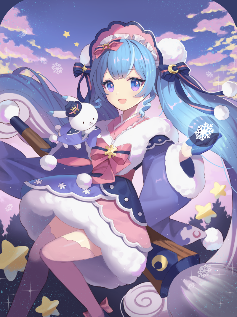 1girl :d aqua_hair blue_bow blue_capelet blue_gloves blue_headwear blue_kimono boater_hat bonnet bow bowtie capelet clouds crescent crescent_hair_ornament crescent_moon floating_hair fur-trimmed_sleeves fur_trim gloves gradient_eyes gradient_hair gradient_sky hair_bow hair_ornament hatsune_miku holding holding_paintbrush japanese_clothes kimono long_hair looking_at_viewer lunaticmed moon multicolored_eyes multicolored_hair musical_note open_mouth paintbrush pink_bow pink_bowtie pink_eyes pink_headwear pink_thighhighs pom_pom_(clothes) rabbit_yukine raised_eyebrows sidelocks sitting sky smile snowflake_print snowflakes sparks star_(sky) star_(symbol) star_hair_ornament starry_sky thigh-highs twintails two-tone_bow very_long_hair violet_eyes vocaloid wide_sleeves yuki_miku yuki_miku_(2023)