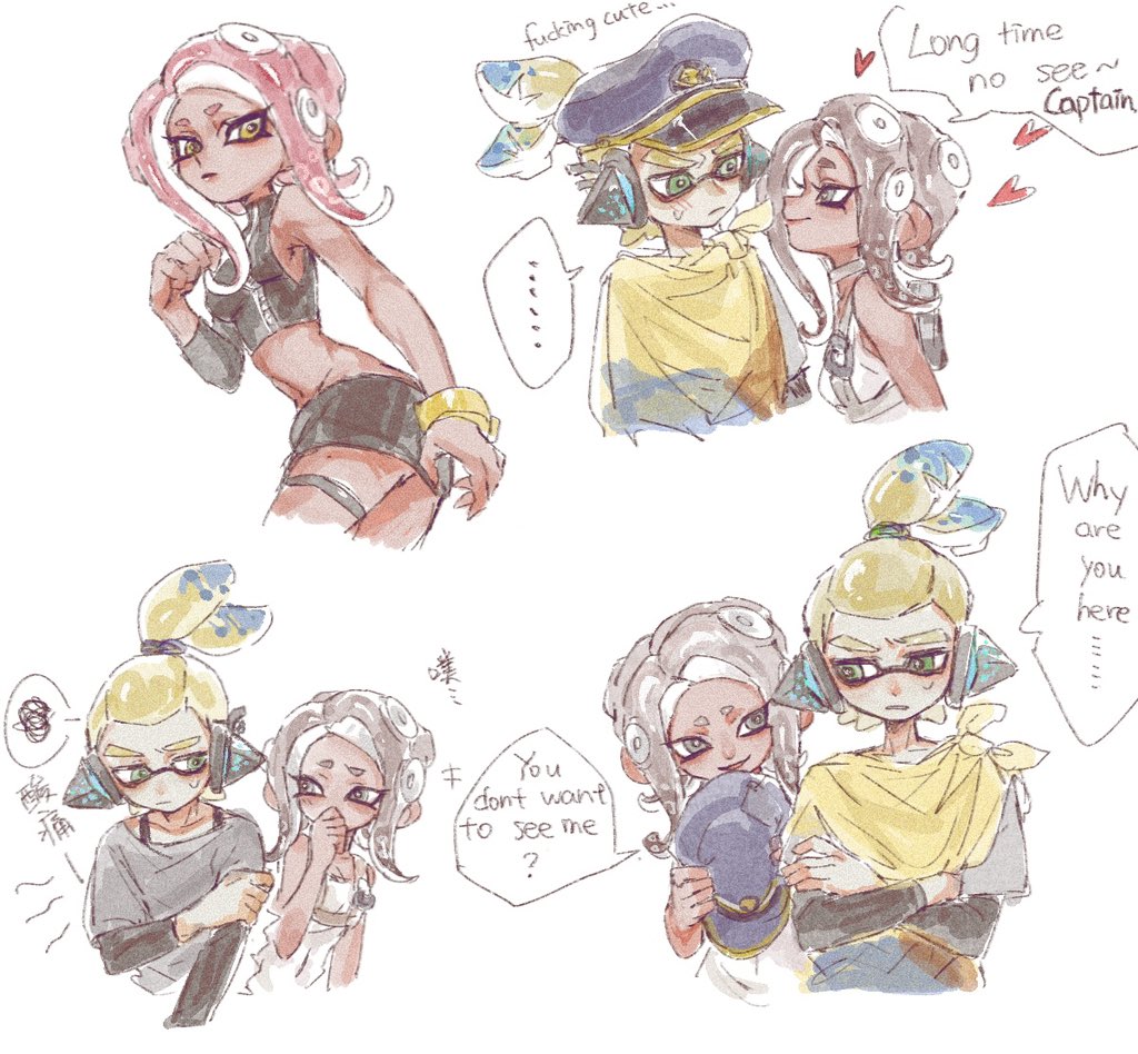 1boy 1girl agent_3_(splatoon) agent_8_(splatoon) black_skirt blonde_hair blue_hair chinese_text closed_mouth covering_own_mouth crop_top crossed_arms english_text frown green_eyes grey_eyes grey_hair hand_up hat headgear heart holding holding_clothes holding_hat inkling inkling_boy inkling_player_character looking_at_another medium_hair miniskirt multicolored_hair octoling octoling_girl octoling_player_character open_mouth peaked_cap ponytail profanity redhead short_hair simple_background single_bare_shoulder single_sleeve skirt smile speech_bubble splatoon_(series) splatoon_2 splatoon_2:_octo_expansion splatoon_3 splatoon_3:_side_order spoken_squiggle squiggle suction_cups tentacle_hair thenintlichen96 thigh_strap two-tone_hair white_background yellow_eyes zipper