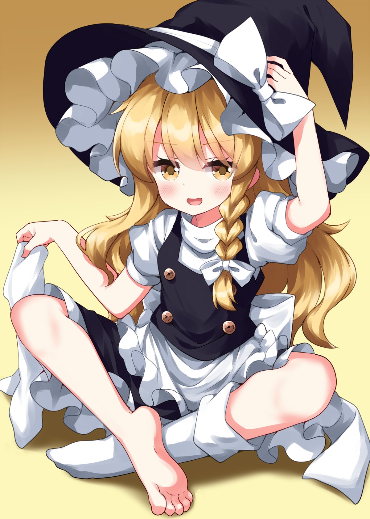 1girl :d apron barefoot black_headwear black_vest blonde_hair blush bow buttons flat_chest frilled_apron frilled_hat frilled_skirt frills full_body gradient_background hat hat_bow highres kirisame_marisa long_hair puffy_short_sleeves puffy_sleeves ruu_(tksymkw) shirt short_sleeves single_sidelock single_sock_removed skirt smile socks soles solo toes touhou very_long_hair vest waist_apron white_apron white_bow white_shirt white_socks witch_hat yellow_background yellow_eyes