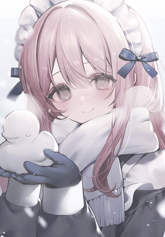 1girl black_coat bloom blue_bow blue_gloves blush bow breath clip_studio_paint_(medium) close-up closed_mouth coat cupping_hands eyes_visible_through_hair frills gloves grey_eyes hair_between_eyes hair_bow hair_intakes hands_up holding long_hair long_sleeves looking_at_viewer maid_headdress making-of_available original own_hands_together pink_hair scarf smile snow_duck snowing solo upper_body white_scarf youichi_(45_01)