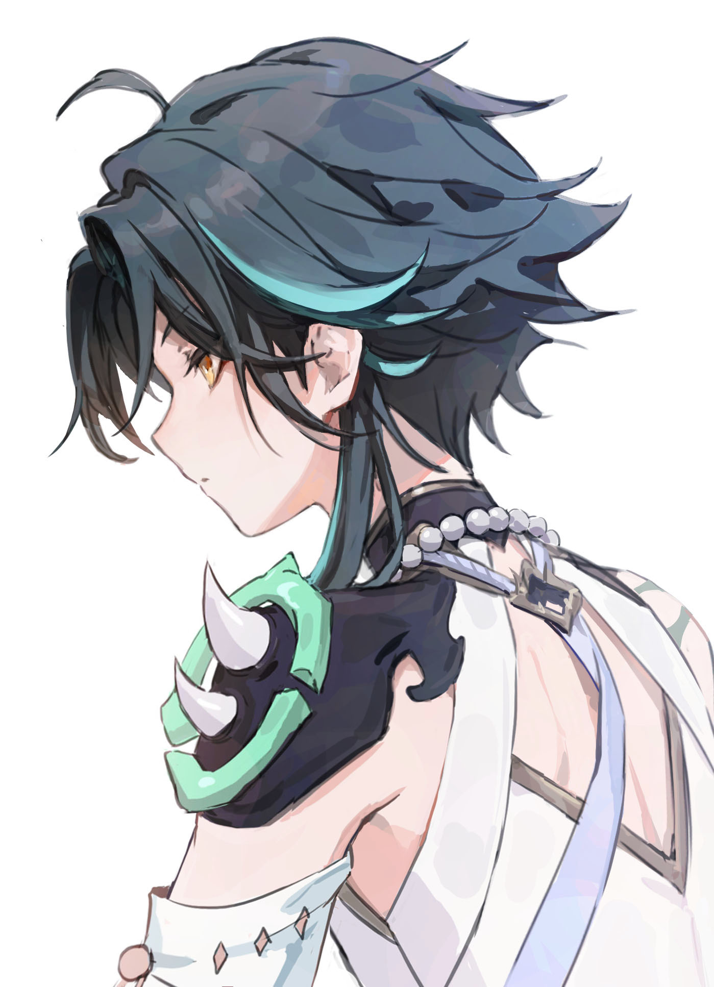 1boy aamoooon_e arm_tattoo armor bead_necklace beads black_hair blue_hair closed_mouth detached_sleeves english_commentary genshin_impact highres jewelry male_focus multicolored_hair necklace orange_eyes profile simple_background solo spikes tattoo upper_body white_background xiao_(genshin_impact)