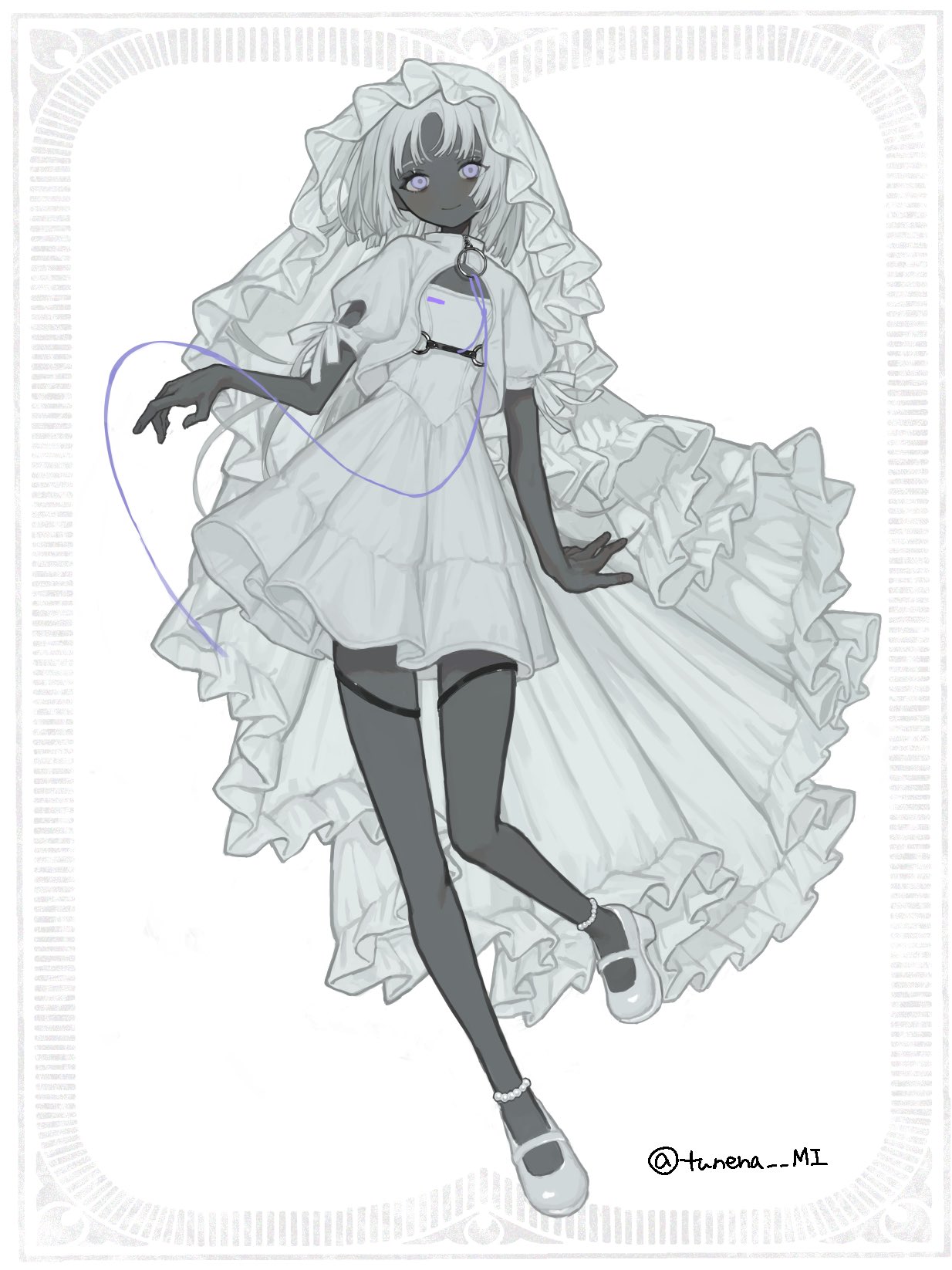 1girl bead_anklet bridal_veil closed_mouth dark-skinned_female dark_skin frilled_veil full_body highres limited_palette looking_at_viewer mary_janes monochrome original parted_bangs shoes short_sleeves solo spot_color string tunena_mi twitter_username veil violet_eyes white_footwear white_hair white_veil