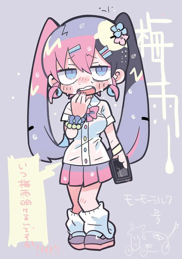 1girl bead_bracelet beads black_hair blue_eyes blue_flower blush blush_stickers bow bowtie bracelet buttons cellphone collared_shirt commentary_request dripping eyelashes flower frown full_body gyaru hair_flower hair_ornament hairclip hand_to_own_mouth holding holding_phone jewelry long_hair miniskirt multicolored_hair open_mouth original phone pink_bow pink_bowtie pink_flower pink_hair pink_skirt pleated_skirt purple_background purple_flower purple_hair purple_scrunchie scrunchie shirt shoes short_sleeves simple_background skirt smartphone sneakers solo speech_bubble teeth terada_tera twintails upper_teeth_only very_long_hair wet white_leg_warmers white_shirt white_sleeves wrist_scrunchie yellow_bracelet