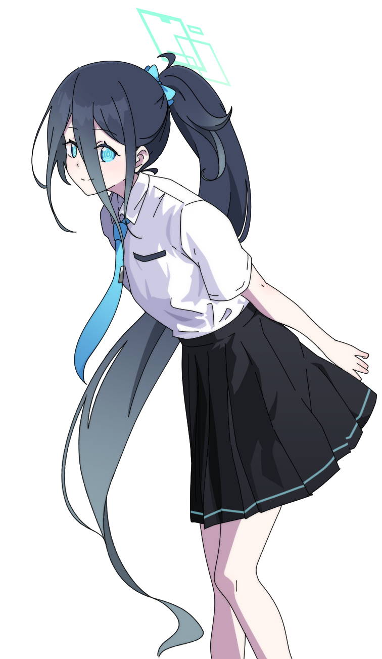 1girl aris_(blue_archive) black_hair black_skirt blue_archive blue_bow blue_eyes blue_necktie bow closed_mouth collared_shirt feet_out_of_frame hair_bow halo highres long_hair looking_at_viewer necktie nyaru_(nyaru_4126) pleated_skirt ponytail ringed_eyes shirt short_sleeves simple_background skirt smile solo standing very_long_hair white_background white_shirt