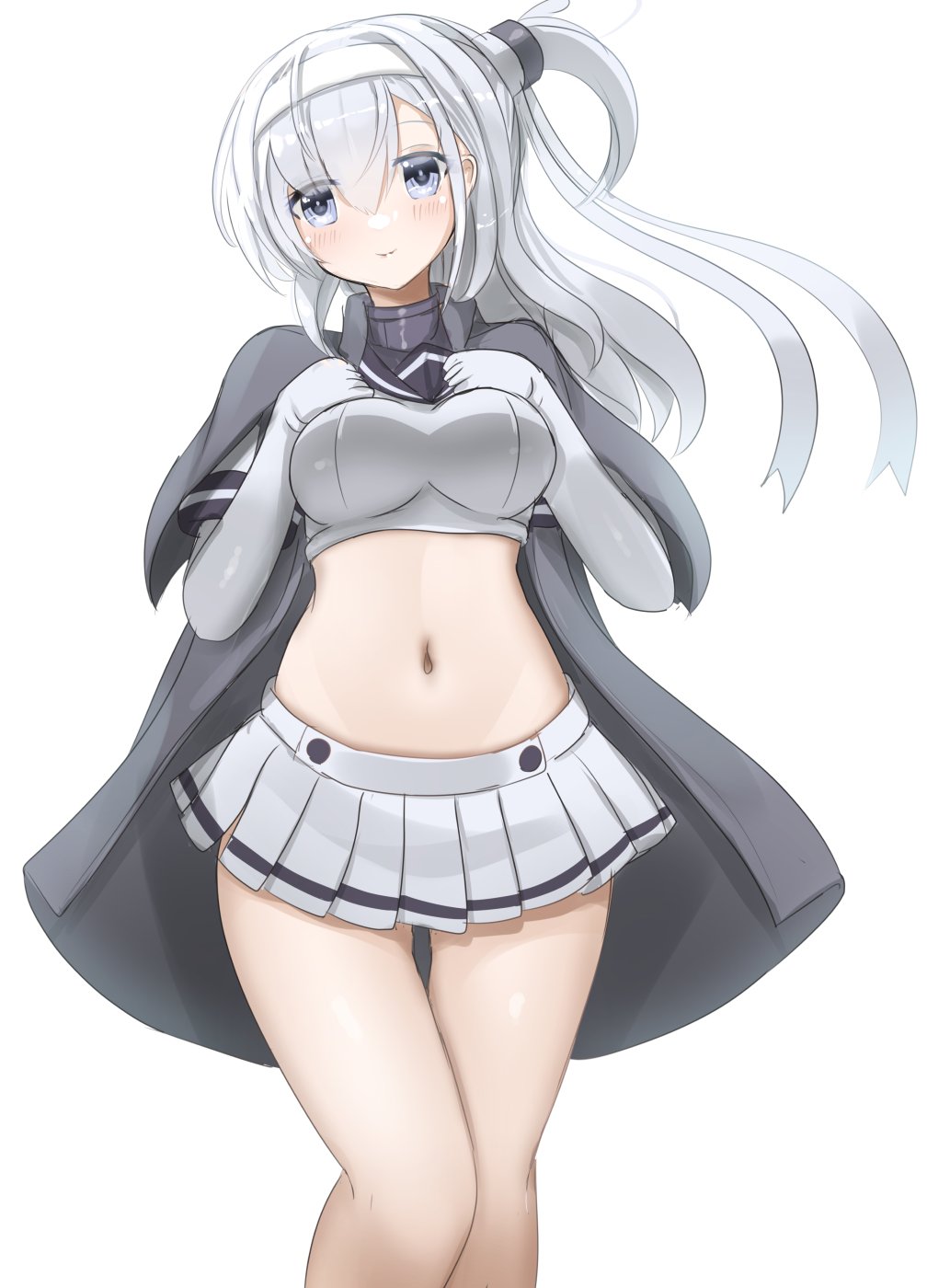 1girl adapted_costume coat coat_on_shoulders crop_top elbow_gloves feet_out_of_frame gloves grey_coat grey_eyes headband highres kantai_collection midriff one-hour_drawing_challenge one_side_up pleated_skirt redundant-cat simple_background skirt solo suzutsuki_(kancolle) thigh_gap white_background white_gloves white_hair white_headband white_skirt