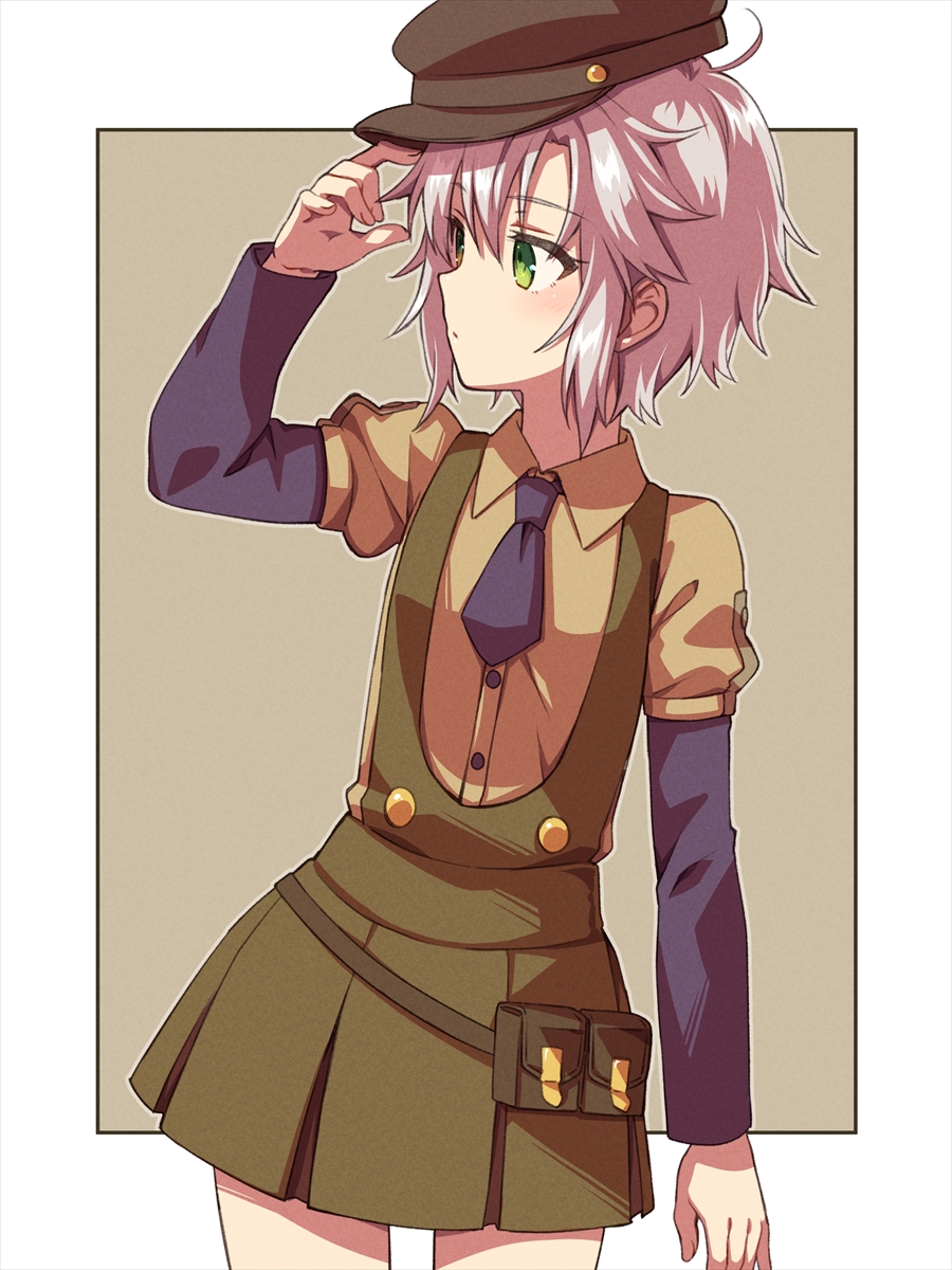 1girl arm_at_side border brown_headwear casual chihiro_(chihiro3399) closed_mouth collared_shirt commentary cowboy_shot dress eiyuu_densetsu expressionless fie_claussell green_dress green_eyes grey_hair hair_between_eyes hand_up hat highres juliet_sleeves light_blush light_brown_background long_sleeves looking_to_the_side peaked_cap puffy_sleeves sen_no_kiseki shirt short_hair simple_background sleeveless sleeveless_dress solo spiky_hair tsurime white_border yellow_shirt