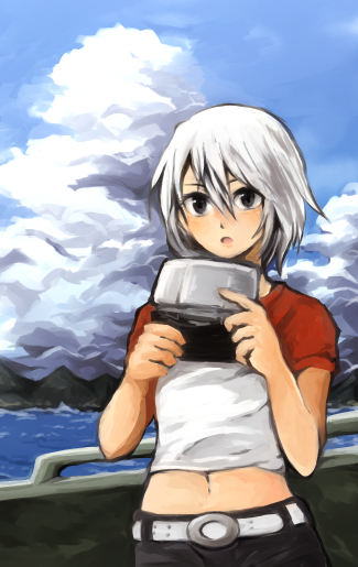 1girl another_code ashley_mizuki_robbins belt black_eyes clouds denim handheld_game_console jeans land-k looking_at_viewer navel nintendo_ds open_mouth pants short_hair short_sleeves solo white_hair