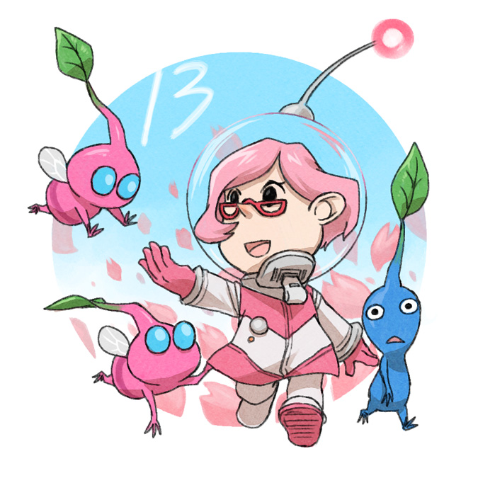 1girl black_eyes blue_eyes blue_pikmin blue_skin blue_sky brittany_(pikmin) buttons circle colored_skin commentary_request countdown eyelashes flying full_body glasses gloves helmet insect_wings leaf looking_at_another miniskirt naru_(wish_field) no_mouth open_mouth outstretched_arm petals pikmin_(creature) pikmin_(series) pikmin_3 pink_gloves pink_hair pink_light pink_skin pink_skirt pointy_nose radio_antenna red-framed_eyewear short_hair simple_background skirt sky smile solid_circle_eyes space_helmet spacesuit triangle_mouth triangular_eyewear whistle white_background winged_pikmin wings