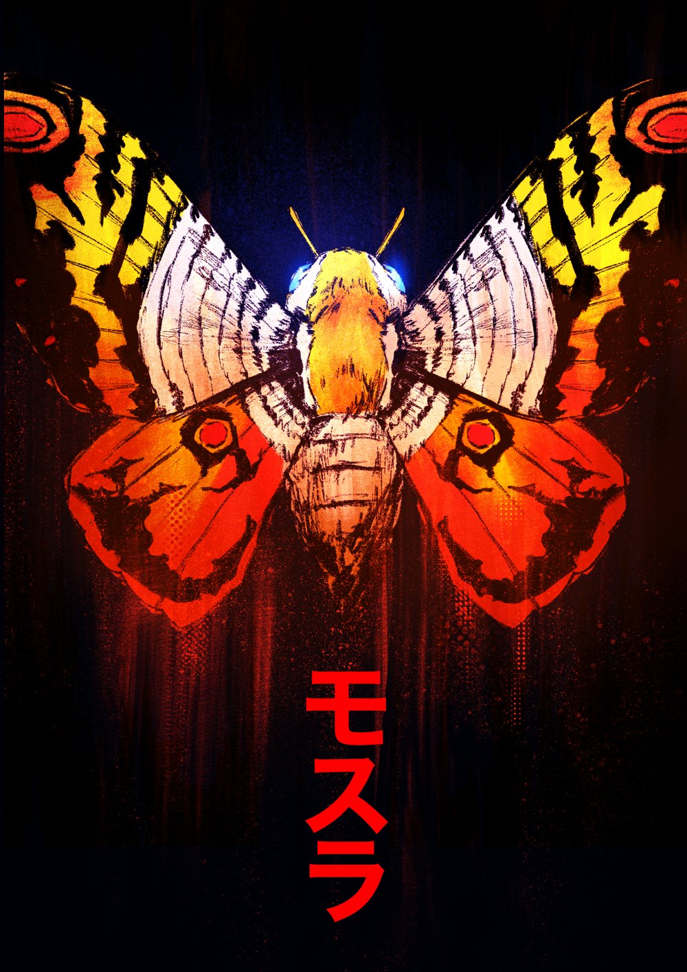 antennae black_background blue_eyes bug character_name chun_lo flying from_above glowing glowing_eyes godzilla_(series) highres kaijuu monster monster_focus moth mothra no_humans solo spread_wings wings