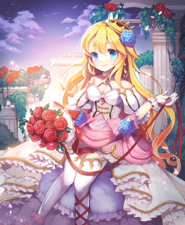 1girl blonde_hair blue_eyes bouquet bush clouds corset crown dress earrings flower frilled_dress frilled_gloves frilled_sleeves frills gloves gold_choker gold_trim hair_between_eyes hair_flower hair_ornament holding holding_bouquet jewelry long_hair looking_at_viewer lunaticmed original outdoors pillar pink_ribbon puffy_short_sleeves puffy_sleeves red_flower red_rose ribbon rose short_sleeves sidelocks sky smile sparks standing standing_on_one_leg star_(sky) starry_sky thigh-highs very_long_hair wedding_dress white_corset white_dress white_gloves white_thighhighs