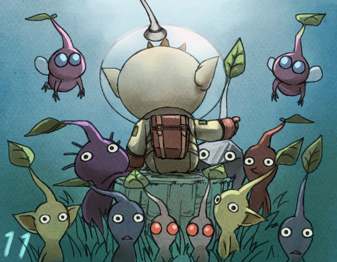 1boy backpack bag black_eyes black_skin blue_background blue_eyes blue_pikmin blue_skin brown_hair colored_skin commentary_request countdown flying from_behind gloves gradient_background grass insect_wings leaf looking_at_viewer naru_(wish_field) no_mouth olimar outstretched_arm patch pikmin_(creature) pikmin_(series) pikmin_3 pink_skin pointy_ears pointy_nose purple_hair purple_pikmin purple_skin red_bag red_eyes red_gloves red_pikmin red_skin rock rock_pikmin short_hair sitting_on_tree_stump solid_circle_eyes spacesuit sunlight triangle_mouth very_short_hair white_pikmin white_skin winged_pikmin wings yellow_pikmin yellow_skin