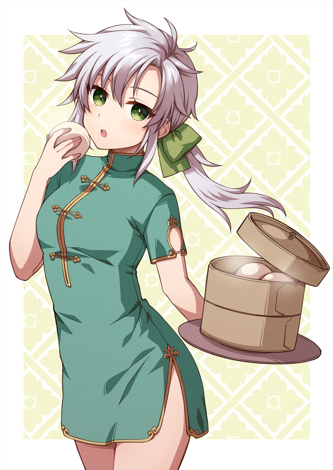 1girl :o aged_up alternate_costume alternate_hairstyle baozi blush border bow breasts chihiro_(chihiro3399) china_dress chinese_clothes commentary cowboy_shot dress eiyuu_densetsu eyelashes fie_claussell floating_hair food green_bow green_dress green_eyes hair_between_eyes hair_bow highres hip_vent holding holding_food holding_tray long_hair looking_at_viewer low_ponytail open_mouth sen_no_kiseki sen_no_kiseki_iii short_dress short_sleeves simple_background small_breasts solo spiky_hair symbol-only_commentary tray tsurime white_border yellow_background