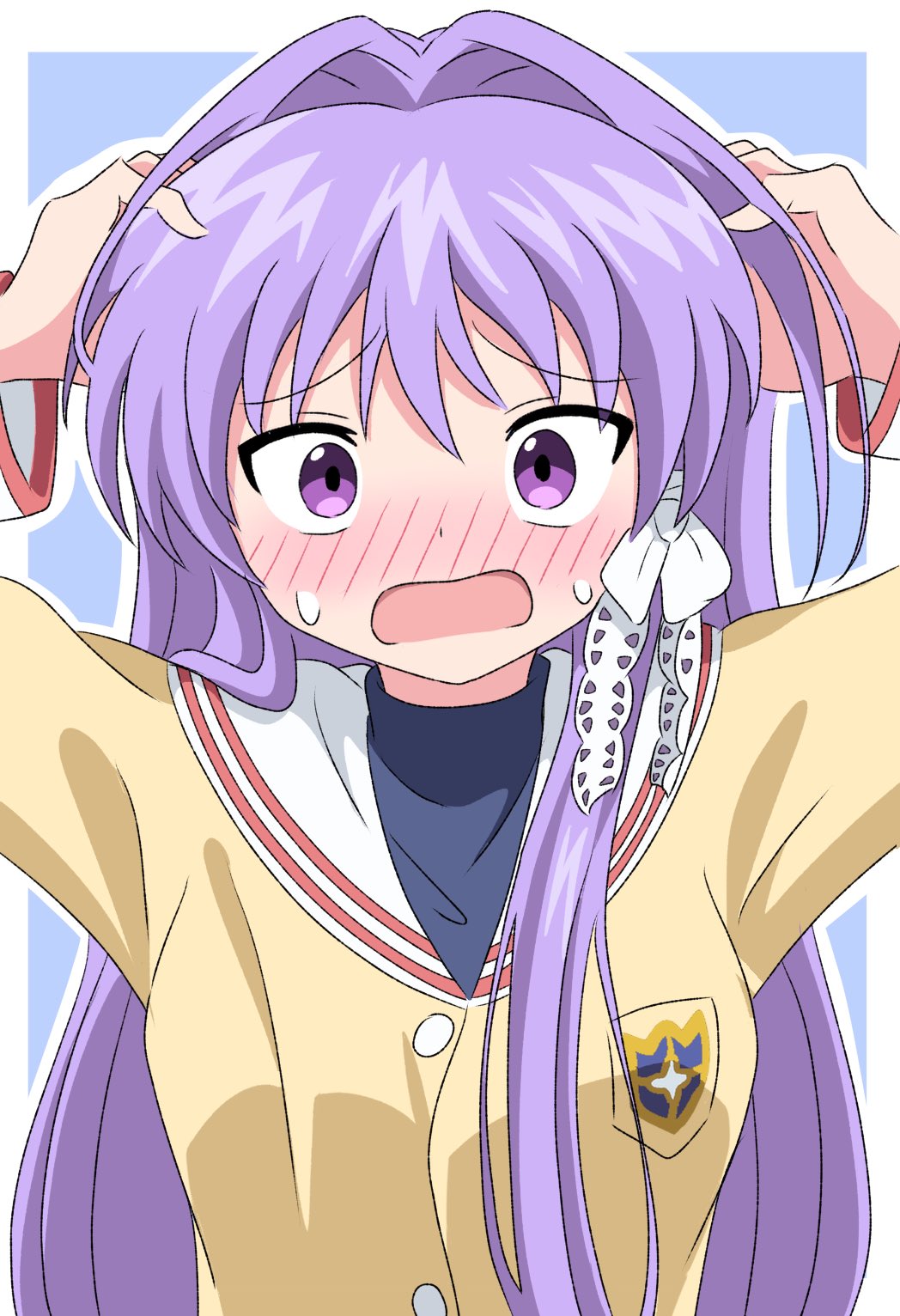 1girl badge blush clannad fujibayashi_kyou hair_intakes hair_ribbon hands_on_own_head highres hikarizaka_private_high_school_uniform jacket lace-trimmed_ribbon lace_trim nose_blush open_mouth purple_hair ribbon sailor_collar school_uniform serafuku silky_(silky_illust) solo upper_body violet_eyes white_ribbon white_sailor_collar yellow_jacket
