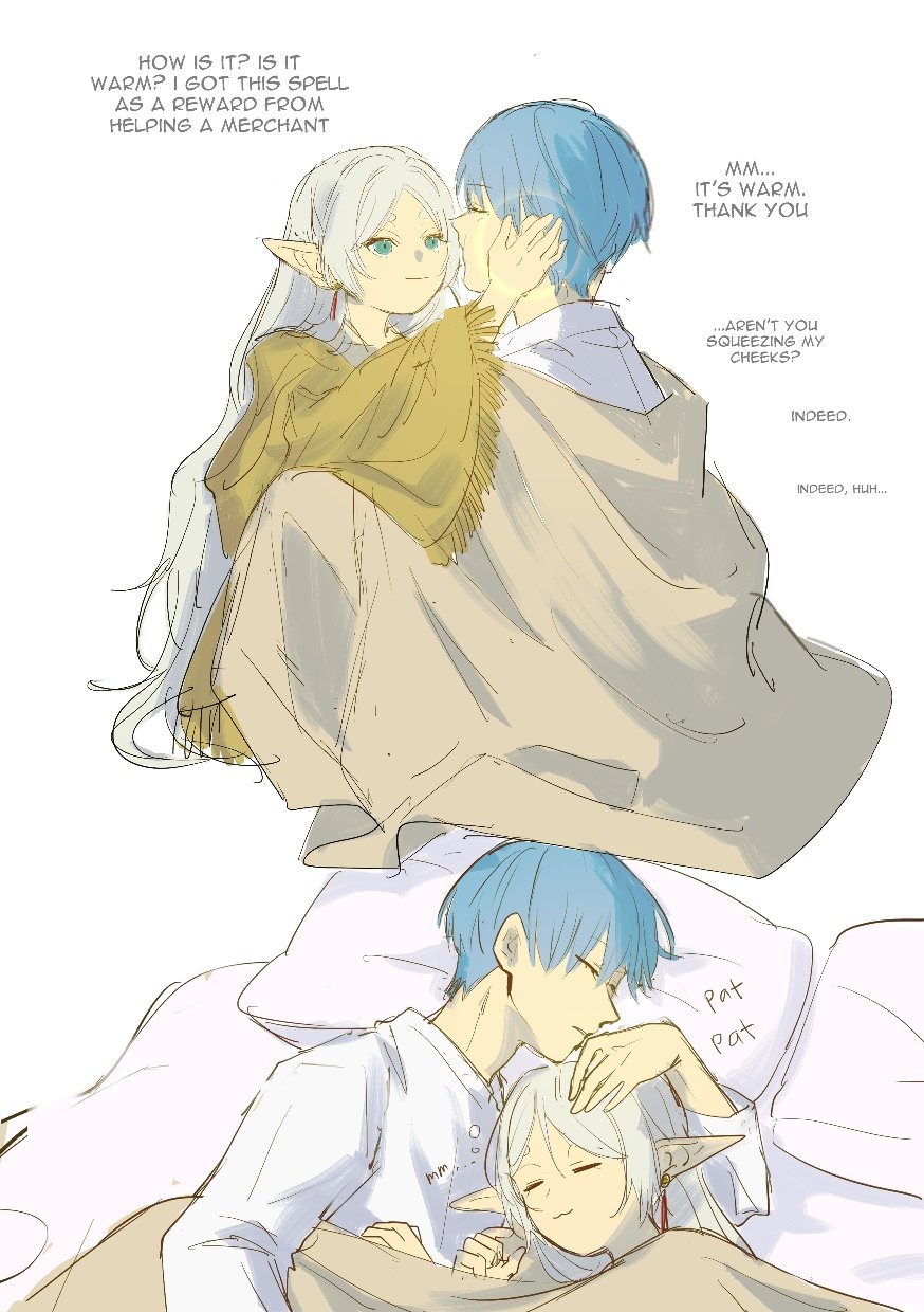 1boy 1girl blue_hair chamwa closed_eyes closed_mouth commentary couple cuddling earrings elf english_commentary english_text frieren green_eyes hand_on_another's_head hetero highres himmel_(sousou_no_frieren) jewelry long_hair long_sleeves pillow pointy_ears shared_blanket shirt short_hair simple_background sleeping smile sousou_no_frieren under_covers white_background white_hair white_shirt