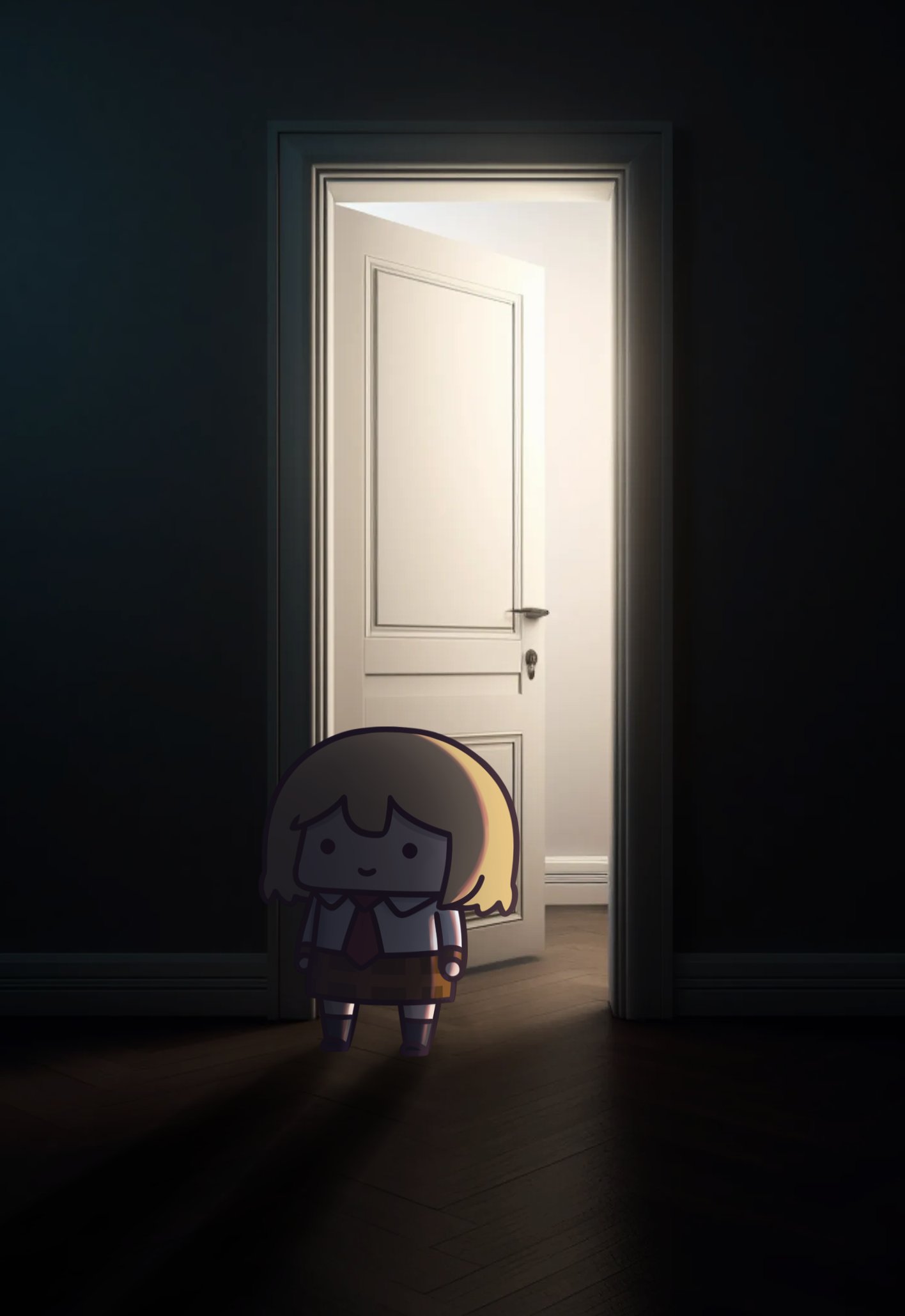 1girl backlighting blonde_hair brown_skirt chibi commentary door doorway full_body highres hololive hololive_english indoors long_sleeves necktie open_door phdpigeon photo_background plaid plaid_skirt red_necktie shadow shirt short_hair skirt smile smol_ame solo standing symbol-only_commentary virtual_youtuber watson_amelia white_shirt