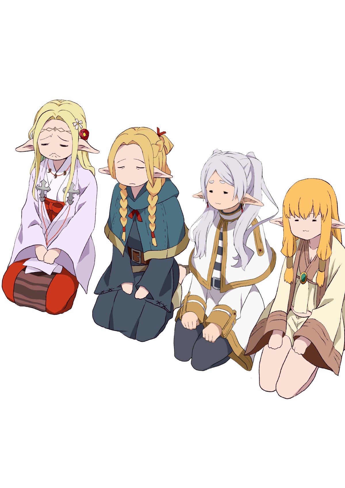 4girls :&lt; :3 =_= belt black_belt black_shirt black_thighhighs blonde_hair blue_cape blue_capelet boots braid brown_belt brown_footwear cape capelet circlet closed_eyes commentary_request crossover dangle_earrings dress dungeon_meshi earrings edomae_elf eldali_ilma_fanomenel elf frieren frown gold_trim hair_over_shoulder hair_tubes hakama hands_on_lap highres hood hooded_capelet japanese_clothes jewelry kimono kneeling long_hair long_sleeves low_twin_braids magatama magatama_necklace marcille_donato multiple_crossover multiple_girls necklace parted_bangs pointy_ears red_hakama robe sandals seiza serie_(sousou_no_frieren) shirt short_ponytail sidelocks simple_background sitting sleeve_cuffs sousou_no_frieren species_connection striped_clothes striped_shirt thigh-highs trait_connection twin_braids twintails white_background white_capelet white_dress white_hair white_shirt wide_sleeves yasehattagi
