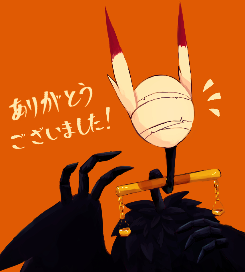 animal_ears animal_focus balance_scale bandages bandages_over_eyes bird_ears black_feathers chain claws commentary_request feathers gold_chain hand_up judgement_bird lobotomy_corporation masyu_ori no_humans notice_lines orange_background project_moon simple_background solo translated upper_body weighing_scale
