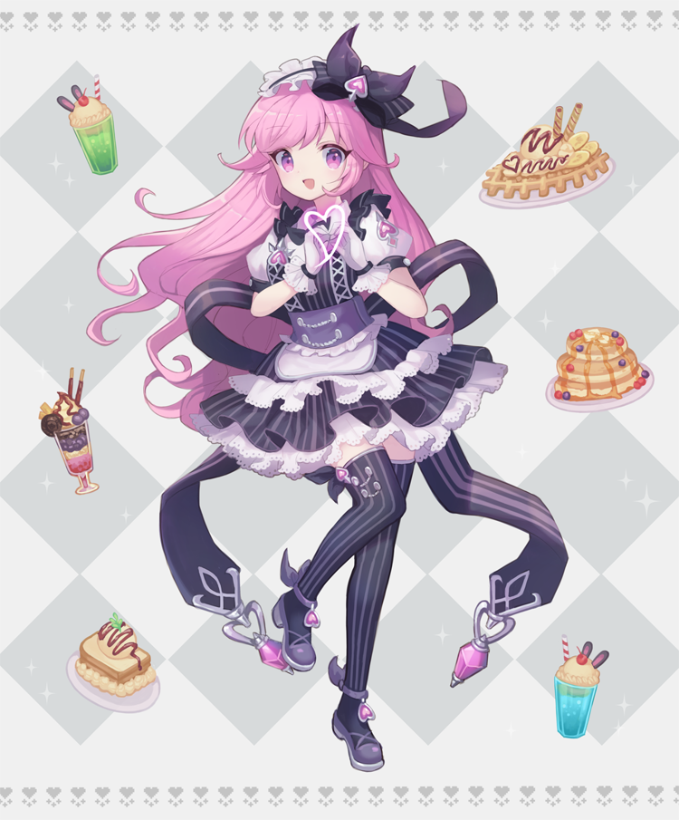 1girl :d apron back_bow black_bow black_dress black_thighhighs blueberry bow cherry chocolate corset crystal cup dress drinking_straw floating_hair food footwear_bow frilled_dress frilled_gloves frills fruit gloves hair_between_eyes hair_bow heart heart_hands honey jewelry long_hair looking_at_viewer lunaticmed maid maid_apron maid_headdress mary_janes open_mouth original parfait patterned_background pink_eyes pink_hair pinstripe_pattern purple_corset purple_footwear raised_eyebrows shoes sidelocks simple_background smile standing standing_on_one_leg strawberry sweets thigh-highs waffle white_gloves