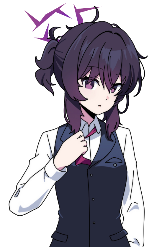 1girl black_vest blue_archive breasts collared_shirt dress_shirt hair_between_eyes hair_intakes halo hand_up haruka_(blue_archive) haruka_(suit)_(blue_archive) looking_at_viewer necktie necktie_grab neckwear_grab nyaru_(nyaru_4126) parted_lips ponytail purple_hair purple_necktie shirt simple_background small_breasts solo upper_body vest violet_eyes white_background white_shirt