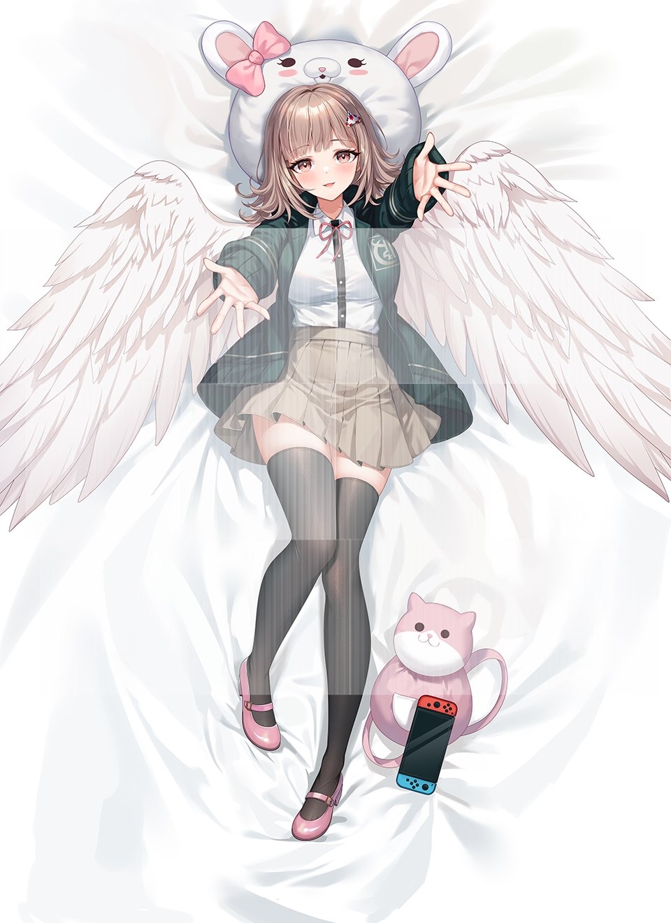 1girl 71150521_(user_agrk2888) angel_wings animal_bag arms_up bed_sheet black_thighhighs bow breasts brown_skirt cat_bag commentary_request dakimakura_(medium) danganronpa_(series) danganronpa_2:_goodbye_despair dress_shirt ear_bow feathered_wings galaga hair_ornament highres large_breasts miniskirt nanami_chiaki neck_ribbon outstretched_arms pink_bag pink_bow pink_footwear pleated_skirt ribbon shirt skirt solo thigh-highs two-tone_shirt usami_(danganronpa) wings zettai_ryouiki
