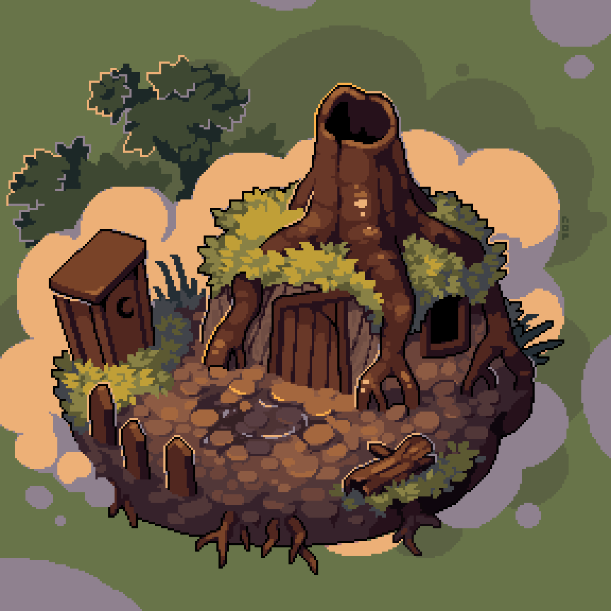 artist_name clouds crescent diorama door english_commentary foliage green_background hut log nature no_humans nop_(nop_pixels) outdoors outhouse pixel_art plant puddle roots scenery shrek_(series) tree tree_stump water wetland