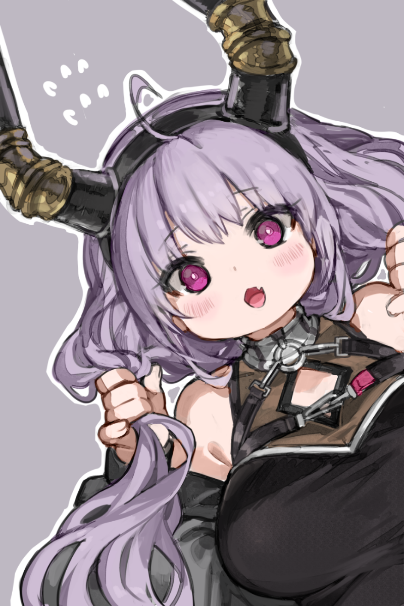 1girl ahoge arknights black_dress black_hairband blush breasts chest_harness commentary dress fake_horns fang flying_sweatdrops grey_background grey_jacket hairband harness highres holding holding_hair horn_hairband horns jacket kkaebing long_hair looking_at_viewer low_twintails medium_breasts o-ring off_shoulder open_clothes open_jacket open_mouth outline purple_hair simple_background smile solo twintails typhon_(arknights) upper_body violet_eyes white_outline