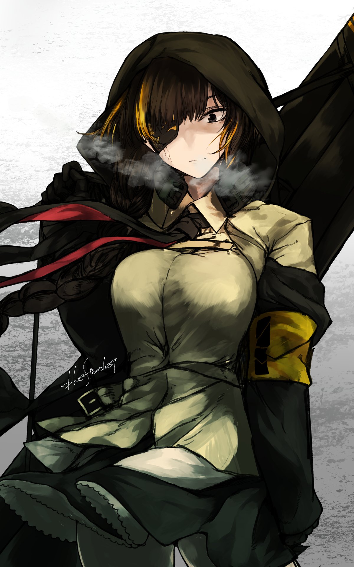 black_gloves black_jacket braid breasts brown_hair closed_mouth eyepatch girls_frontline gloves headset highres jacket kojima_(blue_stardust) long_hair looking_at_viewer m16a1_(girls'_frontline) multicolored_hair necktie particle_cannon_case scar shirt simple_background solo yellow_shirt