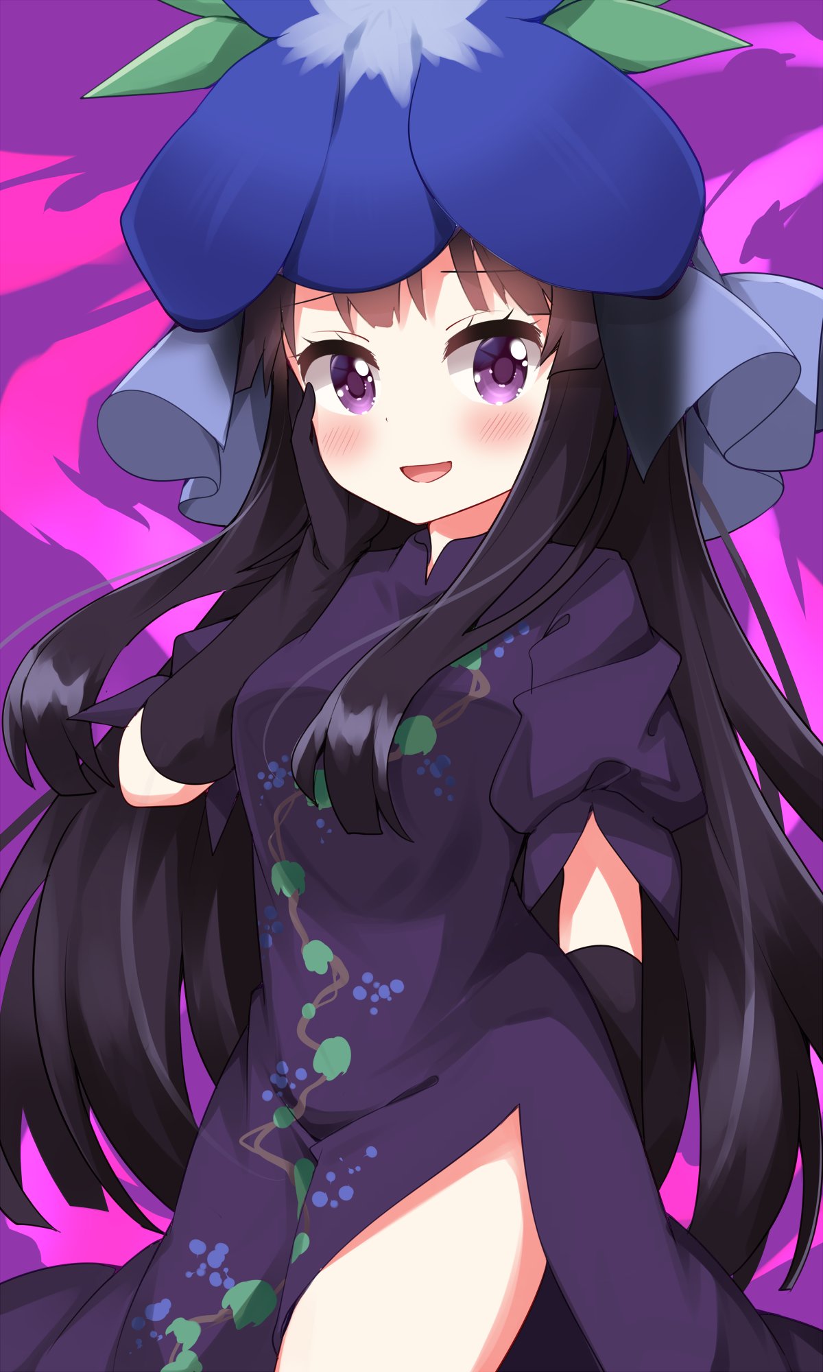 1girl :d black_gloves black_hair blush breasts china_dress chinese_clothes commentary_request dress elbow_gloves flower flower_on_head food_print fruit_print gloves grape_print hand_on_own_face highres leaf_print long_hair mandarin_collar open_mouth pelvic_curtain puffy_short_sleeves puffy_sleeves purple_background purple_dress purple_flower ruu_(tksymkw) short_sleeves side_slit sidelocks small_breasts smile solo touhou very_long_hair vine_print violet_eyes yomotsu_hisami