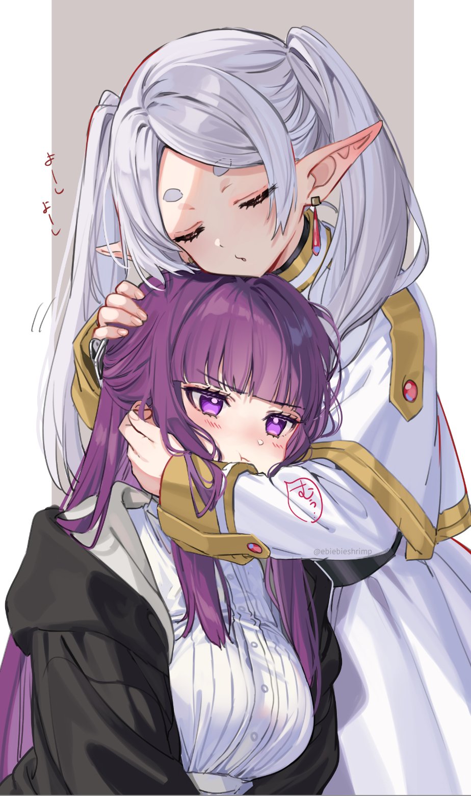 2girls black_coat blunt_bangs blush breasts buttons capelet coat commentary_request cut_bangs dress drop_earrings earrings elf fern_(sousou_no_frieren) frieren grey_hair highres hug jewelry large_breasts long_hair multiple_girls pointy_ears pout purple_hair purple_pupils shuri_(84k) simple_background sousou_no_frieren speech_bubble twintails two-tone_background violet_eyes white_capelet white_dress