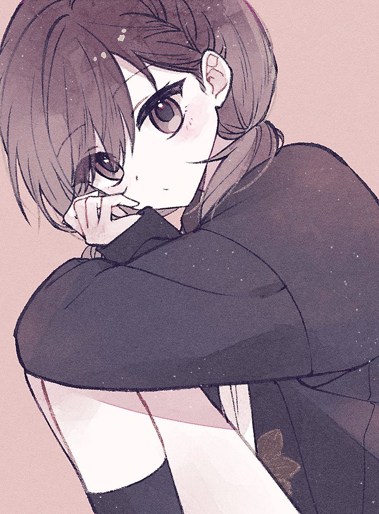 1girl arm_around_leg black_socks black_sweater braid brown_background brown_eyes brown_hair cropped_legs expressionless hair_between_eyes hand_on_own_cheek hand_on_own_face hashtag_only_commentary light_blush looking_at_viewer medium_hair project_sekai quzie shinonome_ena short_twintails single_braid socks solo sweater twintails