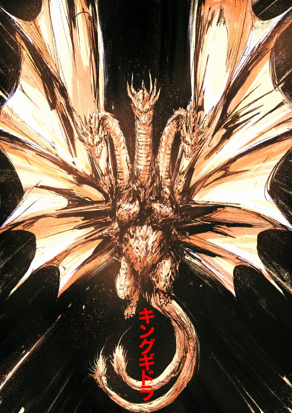 black_background character_name chun_lo dragon dragon_horns dragon_wings emphasis_lines facing_viewer flying giant giant_monster godzilla_(series) highres horns kaijuu king_ghidorah looking_at_viewer monster monster_focus multiple_heads multiple_tails no_humans open_mouth red_eyes solo spread_wings tail wings yellow_scales
