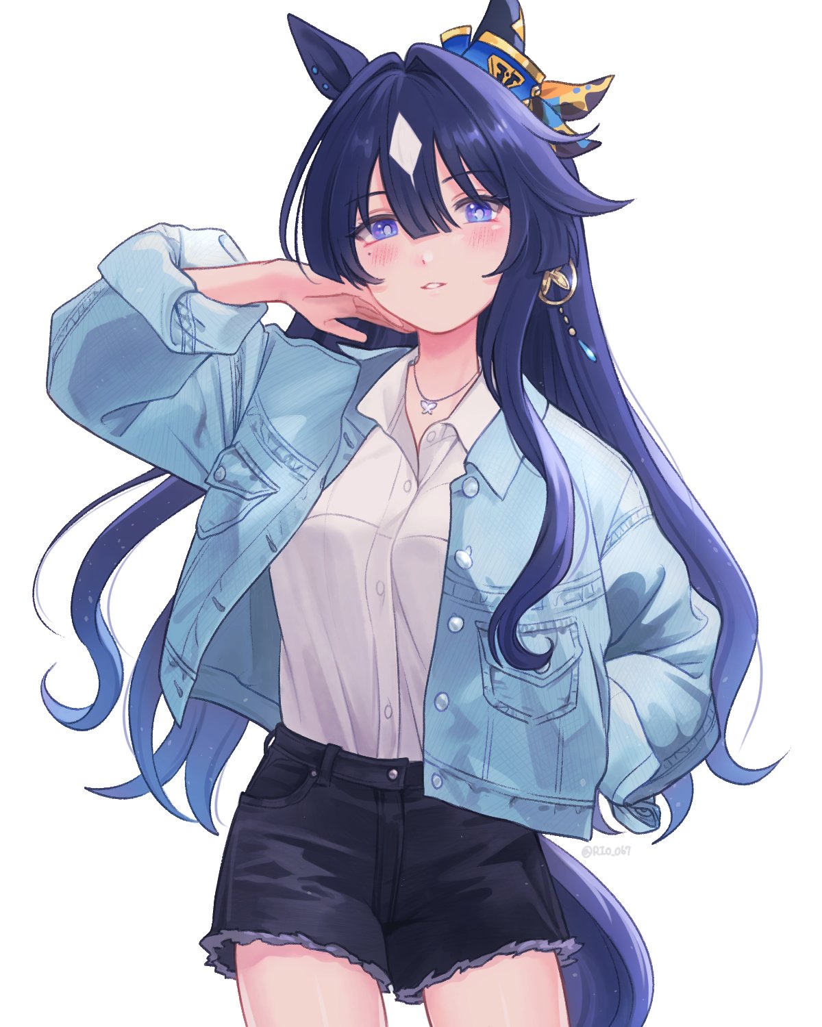1girl animal_ears black_shorts blue_hair blue_jacket blush breasts collared_shirt cowboy_shot cutoffs hair_intakes hair_ornament hand_in_own_hair hand_in_pocket hand_up highres horse_ears horse_girl horse_tail jacket jewelry long_hair long_sleeves looking_at_viewer necklace open_clothes open_jacket parted_lips rio_(rio_067) shirt shirt_tucked_in shorts simple_background small_breasts smile solo standing tail umamusume verxina_(umamusume) violet_eyes white_background white_shirt