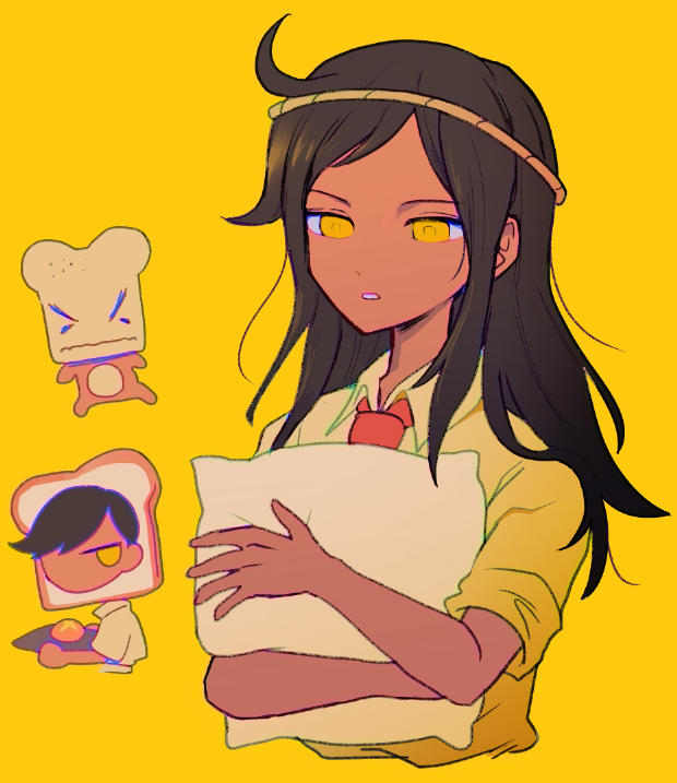 1boy 1girl angry biscuit_(omori) bread_bun brother_and_sister brown_hair closed_mouth collared_shirt cropped_torso dark-skinned_female dark-skinned_male dark_skin doughie_(omori) flour g_tsurius holding holding_tray long_hair looking_at_object looking_back omori parted_bangs parted_lips shirt short_hair short_sleeves siblings slice_(omori) solo_focus tan tray twins v-shaped_eyebrows yellow_background yellow_eyes yellow_shirt