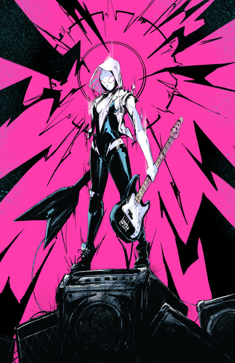 1girl boots chun_lo dual_wielding electric_guitar full_body guitar highres holding holding_guitar holding_instrument hood hood_up instrument jacket marvel mask open_clothes open_jacket pink_background shoulder_spikes solo spandex speaker spider-gwen spider-man_(series) spider-verse spider_web_print spikes standing superhero_costume two-sided_fabric white_sleeves