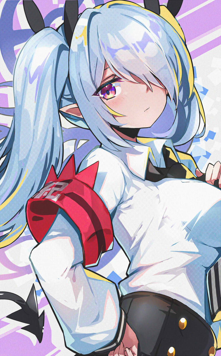 1girl armband black_necktie blue_archive blush buttons closed_mouth demon_tail double-breasted grey_hair hair_intakes hair_over_one_eye hand_on_own_chest hand_on_own_hip highres iori_(blue_archive) long_bangs long_hair long_sleeves looking_at_viewer necktie omochishiki parted_bangs pointy_ears red_armband shirt shirt_tucked_in sidelocks solo tail twintails violet_eyes white_shirt