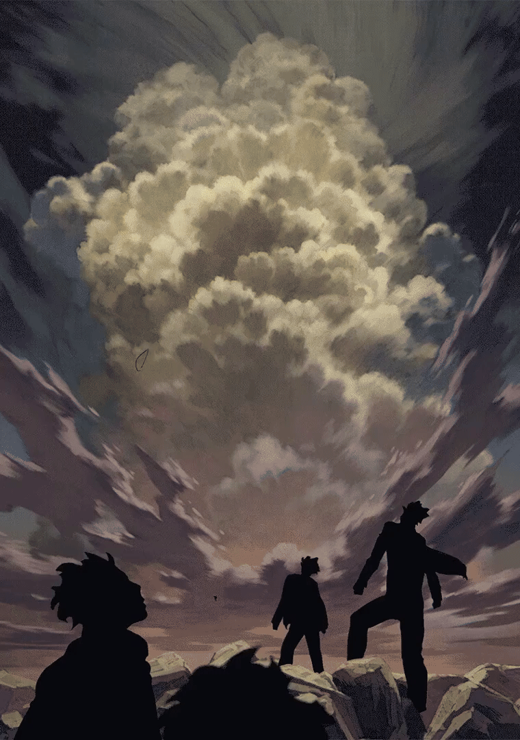 6+boys animated animated_gif battle clouds cloudy_sky commentary dust_cloud english_commentary fighting flashing garou_(one-punch_man) looking_up multiple_boys murata_yuusuke one-punch_man outdoors people ruins saitama_(one-punch_man) scenery short_hair silhouette sky standing watching