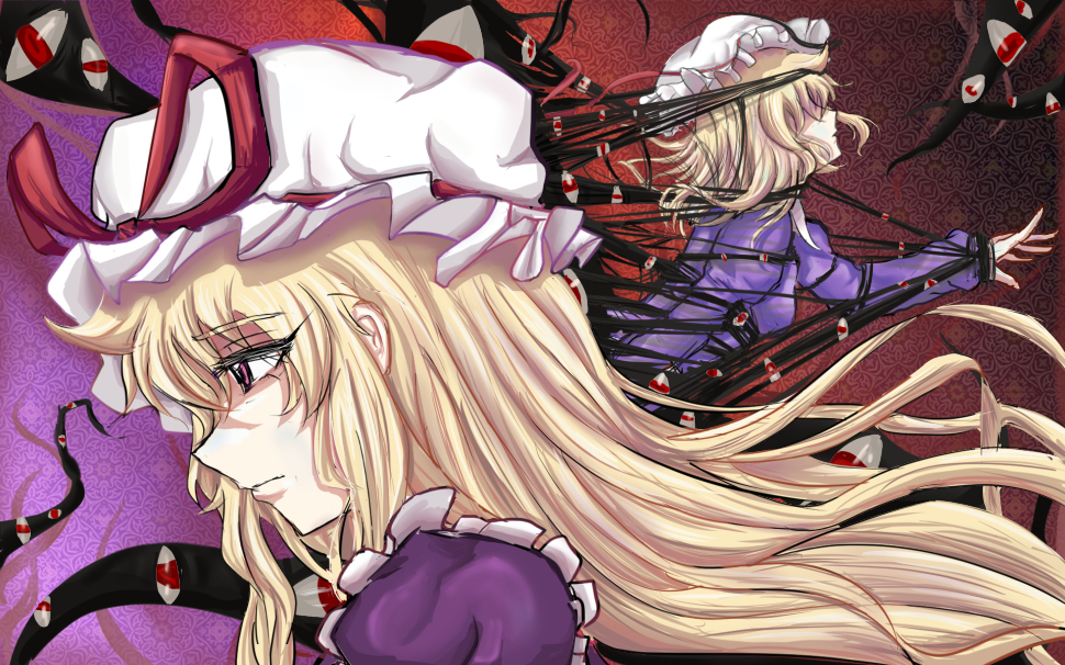 2girls blonde_hair closed_mouth commentary_request diao_ye_zong dual_persona expressionless eyelashes frilled_hat frills from_side gap_(touhou) gradient_background hair_over_eyes hat hat_ribbon juliet_sleeves long_hair long_sleeves maribel_hearn medium_hair mob_cap multiple_girls parted_lips puffy_sleeves purple_background purple_skirt reaching red_background red_eyes red_ribbon restrained ribbon shaded_face skirt tentacles too_many_eyes touhou upper_body violet_eyes white_headwear yakumo_yukari yano_(yientheworld)
