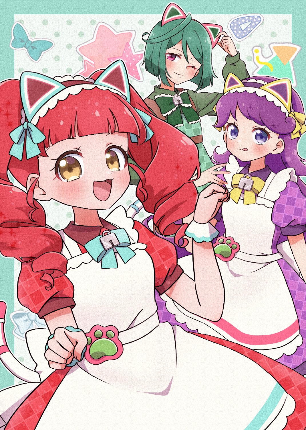 3girls :d akagi_anna animal_ear_hairband animal_ears apron arm_up blue_ribbon blunt_bangs cat_ear_hairband cat_ears cat_tail chii_(chi_pppuri) closed_mouth collared_dress cowboy_shot dress fake_animal_ears green_dress green_hair green_ribbon hairband hands_up highres kiratto_pri_chan lock long_hair looking_at_viewer midorikawa_sara multiple_girls one_eye_closed open_mouth paw_pose pink_eyes pretty_series puffy_short_sleeves puffy_sleeves purple_dress purple_hair red_dress redhead ribbon shido_mel short_hair short_sleeves smile standing tail tongue tongue_out twintails very_long_hair violet_eyes white_apron wrist_cuffs yellow_eyes yellow_ribbon