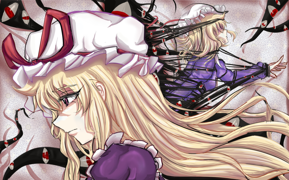 2girls blonde_hair closed_mouth commentary_request diao_ye_zong dual_persona expressionless eyelashes frilled_hat frills from_side gap_(touhou) hair_over_eyes hat hat_ribbon juliet_sleeves long_hair long_sleeves maribel_hearn medium_hair mob_cap multiple_girls parted_lips puffy_sleeves purple_skirt reaching red_eyes red_ribbon restrained ribbon shaded_face shadow simple_background skirt tentacles too_many_eyes touhou upper_body violet_eyes white_background white_headwear yakumo_yukari yano_(yientheworld)