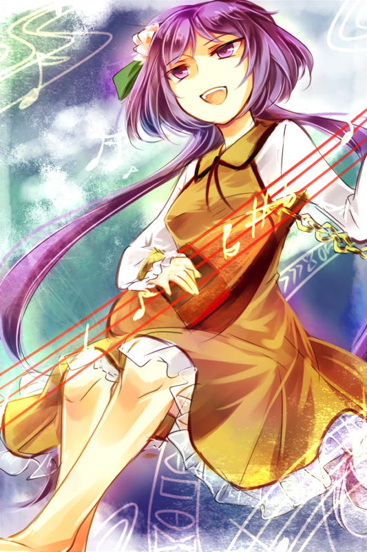 1girl barefoot biwa_lute commentary_request dress flower hair_flower hair_ornament instrument kutsuki_kai long_hair long_sleeves lute_(instrument) musical_note one-hour_drawing_challenge open_mouth purple_hair solo teeth touhou tsukumo_benben upper_teeth_only white_flower yellow_dress